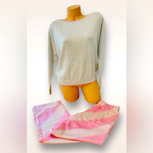 Victoria's Secret Pajama Crew Sweater Top & Satin Pants Stripes Pink - Picture 2 of 9